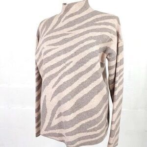 Tahari Beige Zebra Print Mock Neck Pullover Sweater Rayon/Poly Womens M EUC